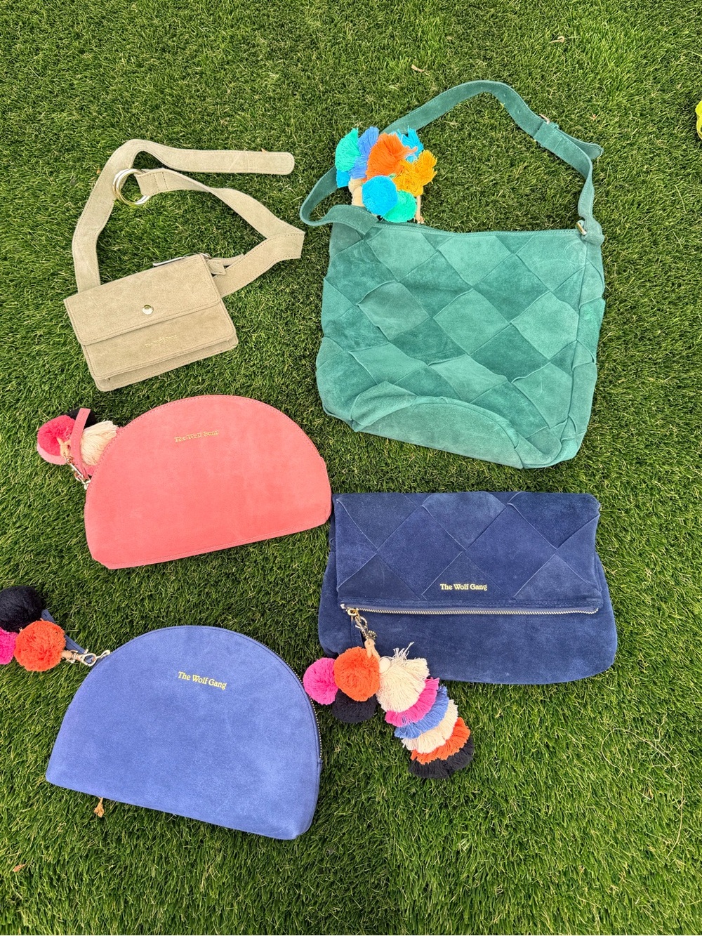 5 Pieces Teal Suede Quilted Kids Shoulder Bag with Pom Pom Charm